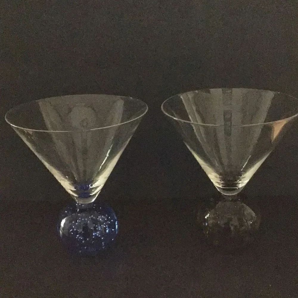 Wine glass handblown bubble bottom Set of 2 one blue one in Amber